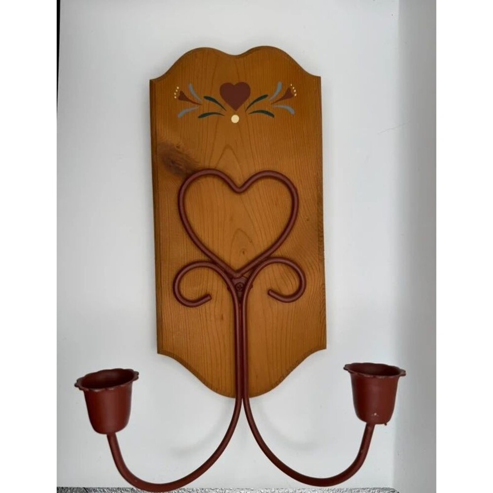 Vintage Country Wood & Metal Double Taper Heart Candle Sconce
